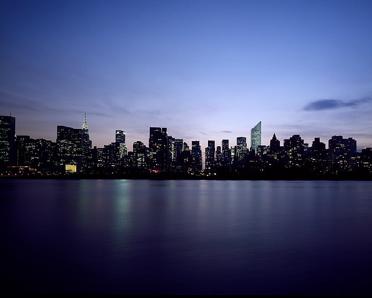 new york, city, skyline, dusk, manhattan, urban, lights