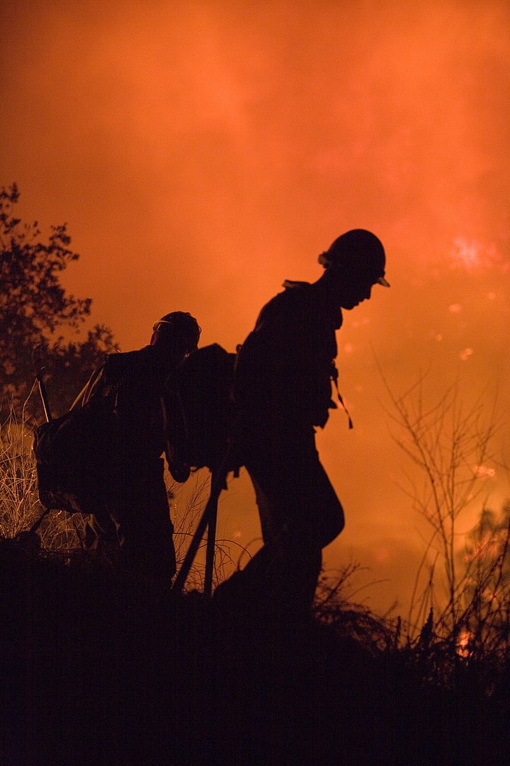 firefighter, forest fire, silhouette, hot, heat, dangerous, burn