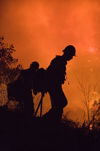 firefighter, forest fire, silhouette, hot, heat, dangerous, burn