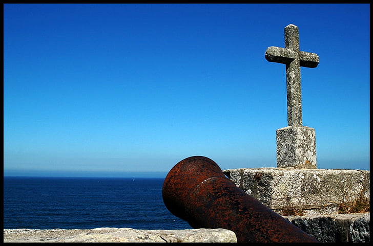 Baiona, Galicia, laut, Castle, Cruz, Canon, pemandangan