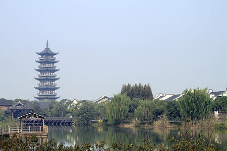 Kina, kinesisk, udendørs, grøn, gamle, landskab, Se