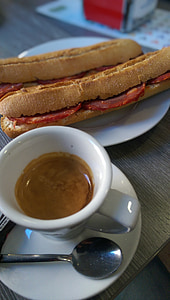 καφέ, πρωινό, καντίνα ή μπροστά από, καφέ, ένα σάντουιτς, ψωμί, μπουφές