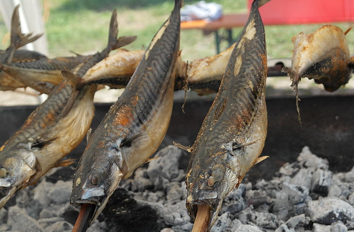 steckerlfisch, mackerel, grill, fish, charcoal, fire, food