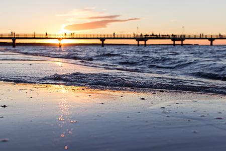 puente, cerca de, mar, Costa, Playa, nube, puesta de sol