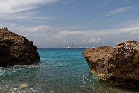 Grécia, Rhodes, mar, água, pedra, rocha, bota