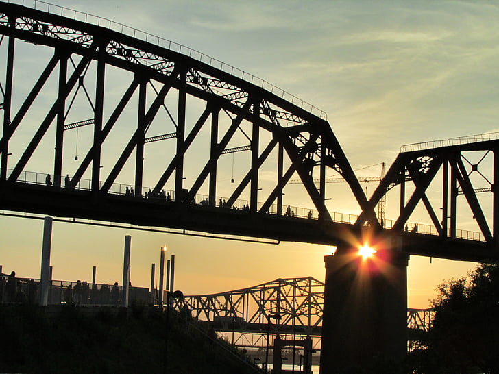 brug, zonsondergang, rivier, het platform, schemering, zon, buiten