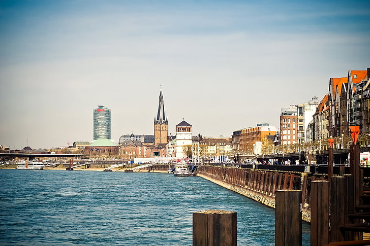 Skyline, Düsseldorf, banka, promenadi, reka, Ren, mesto
