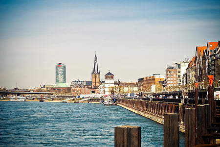 Panorama, Düsseldorf, banka, promenáda, řeka, Rýn, město