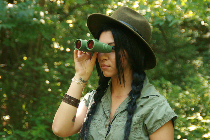 girl, expedition, binoculars, forest, vegetation, wild, nature