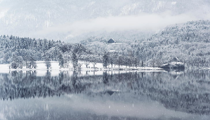 Zimní, jezero, voda, reflexe, sníh, chlad, krajina