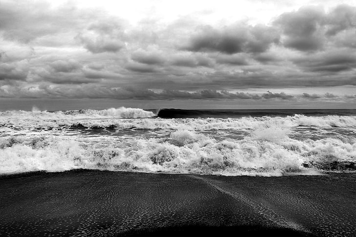 escala de grisos, fotos, vora del mar, ones, riba, oceà, Mar