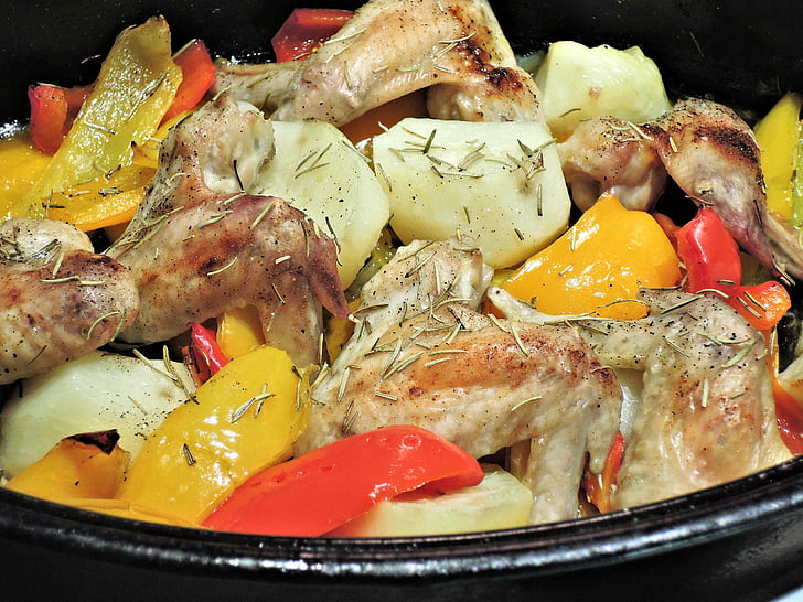 roasted pepper stew, chicken wings, potatoes, rosemary, garlic, oil, food