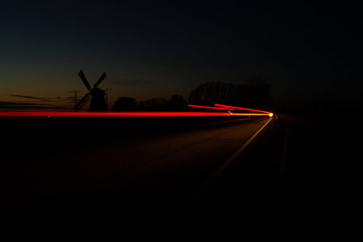 natt, mörka långa, lång exponering, Windmill, siluett, transport, belysta
