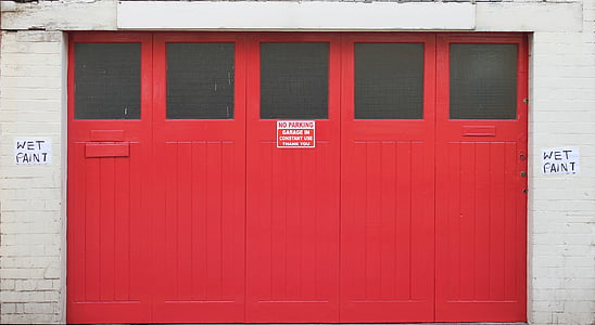 double doors, red, entrance, exit, building, garage, architecture