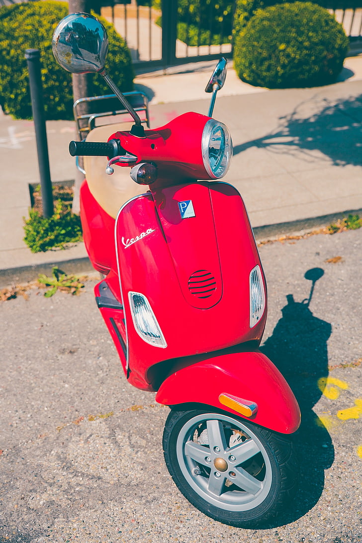 scooter, street, vehicle, road, motorcycle, red, transportation