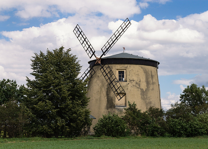 windmill, flour mill, building, mill, landscape, clouds, sky
