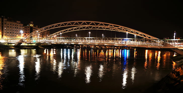 Rio, água, à noite, escuro, luz, ponte, moderna