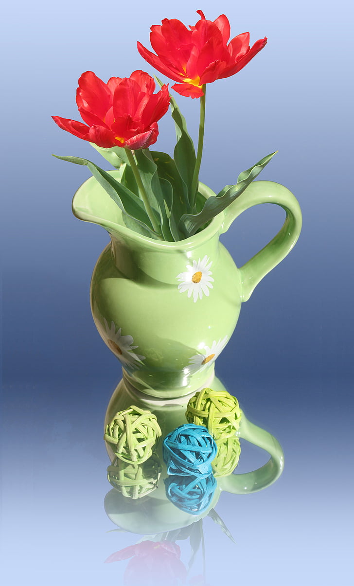 tulips, vase, decoration, krug, red, open, flowers