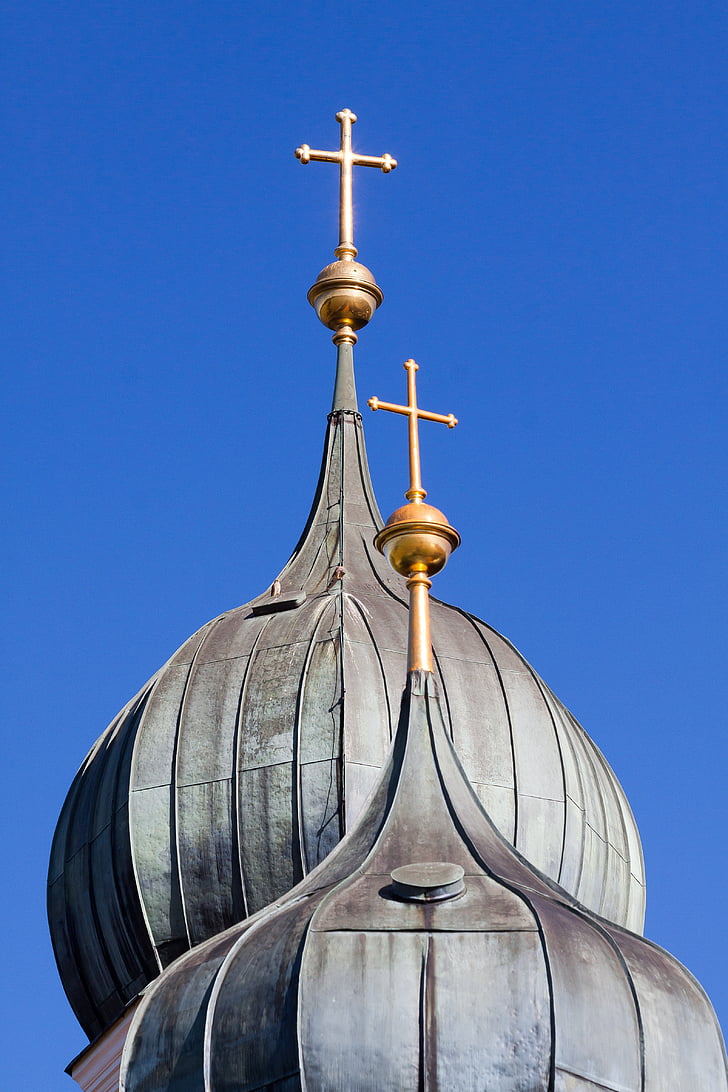 church, steeple, onion dome, copper roof, cross, gilded, architecture