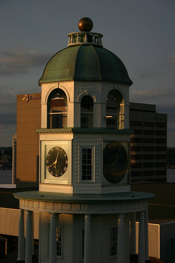 klok, Halifax, Nova, Scotia, toren, zonsondergang, Canada