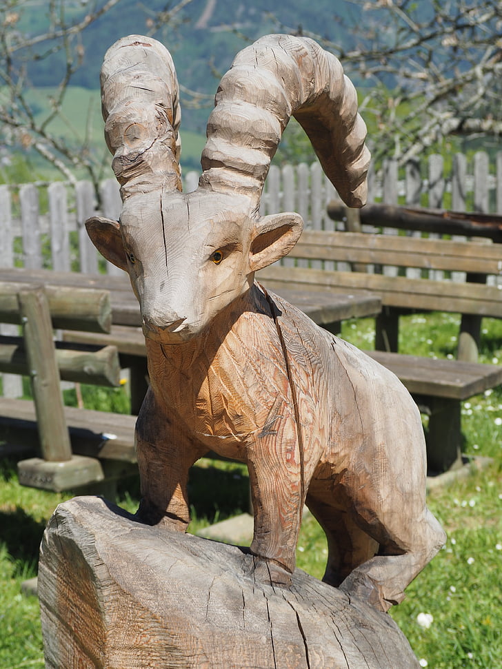 goat, wood, carving, nature