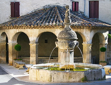 well, water, fountain, sculpture, canopies, drink, trough