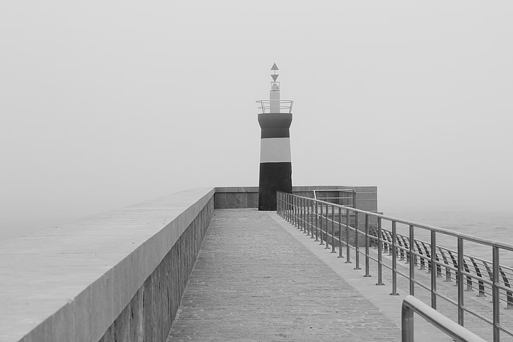 lighthouse, black white, port, fog, cantabria, spain, browse