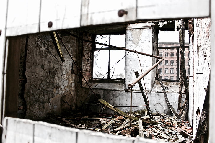 gris, échelle, photo, abandonner, bâtiment, construction, tuyauterie