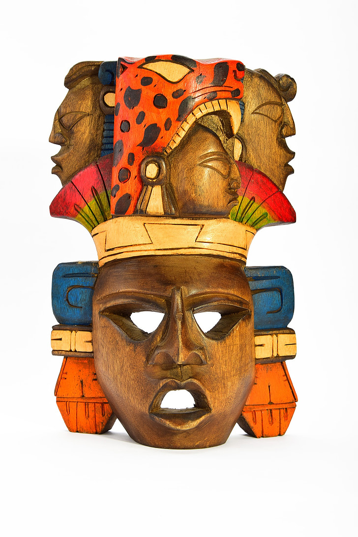 masque, en bois, isolé, sculpté, peint, indienne, Aztec