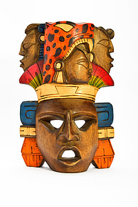 mask, wooden, isolated, carved, painted, indian, aztec