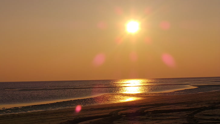 coucher de soleil, eau, plage, Römö