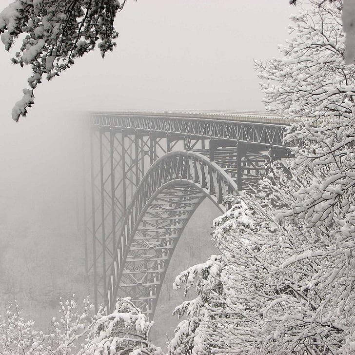 steel bridge, snow, architecture, metal, trees, ice, landscape