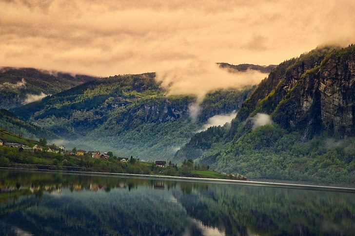 Norveška, gore, pogled, narave, krajine, oblaki, morje