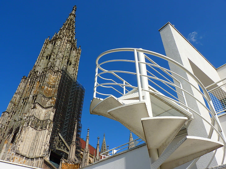 Katedra w Ulm, budynek, Kościół, Głowica, niebieski, niebo, schody