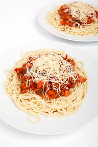 spaghete, alb, ceramica, plăci, carne de vită, brânză, bucătărie