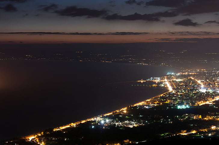 Kalamata, Ver, paisaje, noche, luces, ciudad, Grecia
