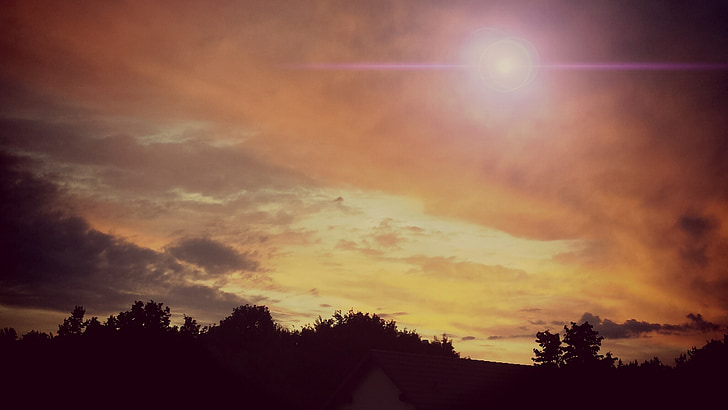 Sky, coucher de soleil, horizon, nuages, ciel du soir, flair de lentille