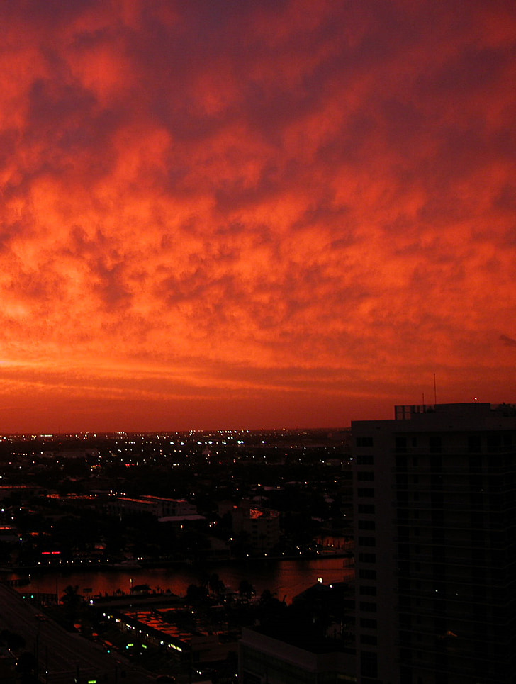 Sunset, City, taevas, punane, pilved, öö