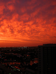 Sunset, City, Sky, rød, skyer, nat