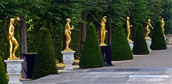panorama, statues, gold, herrenhäuser gardens, hanover, sculpture, golden