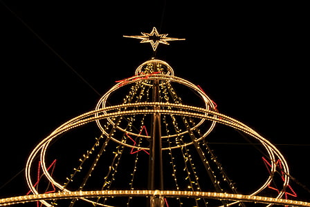 Natal, decoração, rua, à noite, estrela, brilho, enfeite