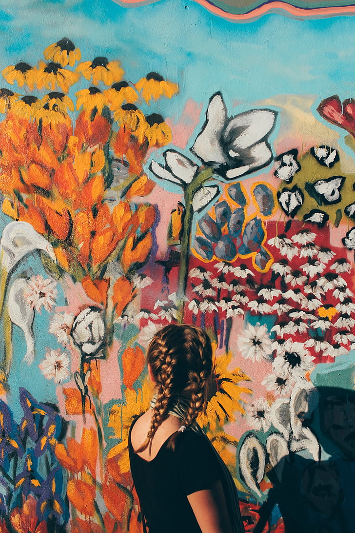 man, woman, girl, back, braid, wall, flowers