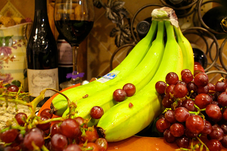 fruits, vin, bananes, raisins, mets et vins, bouteille, rouge