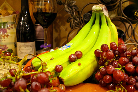 frutas, vinho, bananas, uvas, comida e vinho, garrafa, vermelho
