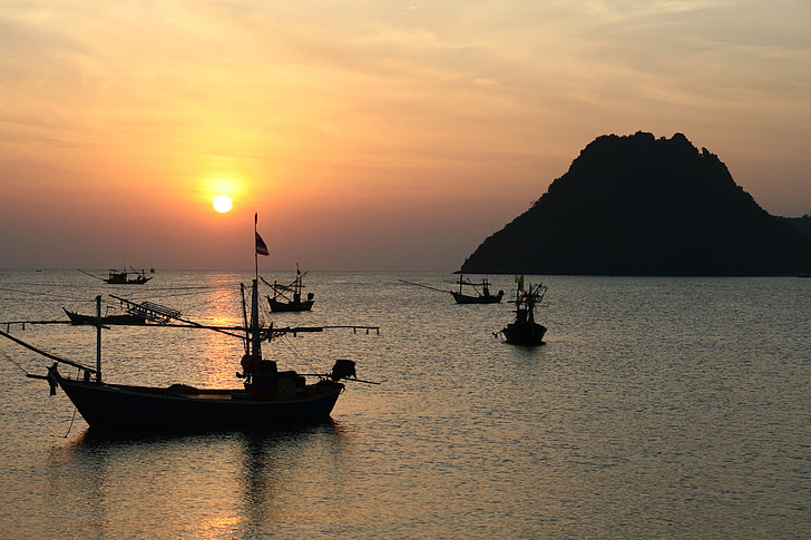 solopgang, fredelig, Serene, Harbor, Cove, båd, fiskekutter