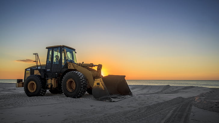 photo, yellow, black, payloader, sunset, tractor, vehicle