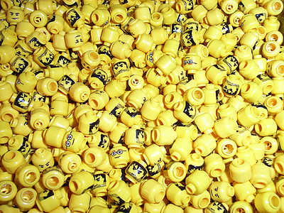 cabeças de, Lego, amarelo, jogo, atividade, infância, construção