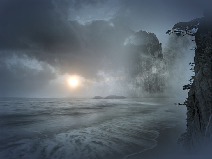 Mountain, havet, vand, Ocean, mystiske, surrealistisk, tåge