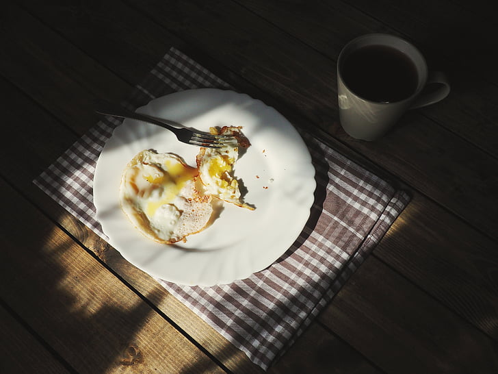 fried, egg, round, white, ceramic, plate, table