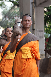 bouddhistes, moines, bouddhisme, à pied, orange, robes de chambre, Thaï